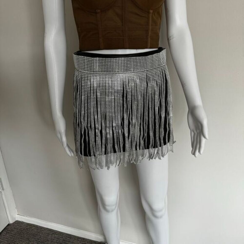 Micas Glamorous Silver Rhinestone Fringe Mini Belt‎ Skirt Party Clubwear Dance - Picture 4 of 10